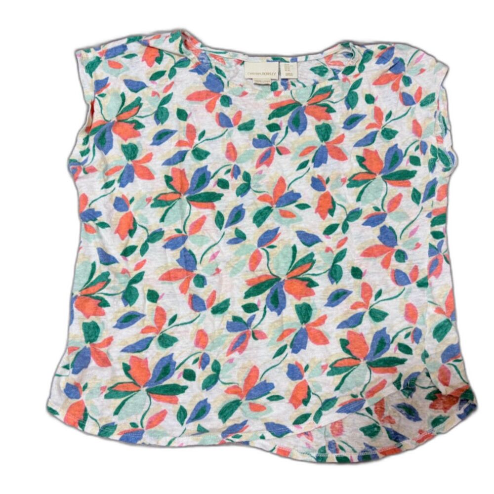 Cynthia Rowley Top XL Cream Linen Floral Sleeveless Lightweight Coastal Bohochic